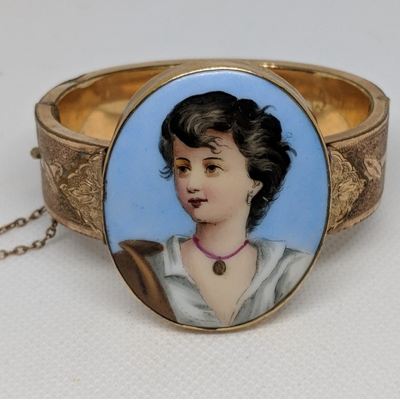 Victorian Antique Hinged Bracelet with Portrait - Picture 1 of 8